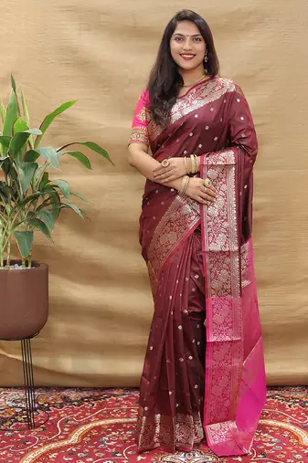 Wine banarasi silk blend saree with contrast border & rich zari weaving