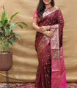 Wine banarasi silk blend saree with contrast border & rich zari weaving