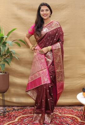 Wine banarasi silk blend saree with contrast border & rich zari weaving 2