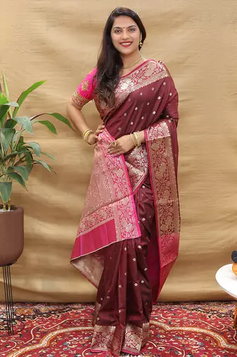 Wine banarasi silk blend saree with contrast border & rich zari weaving