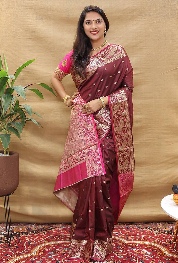 Wine banarasi silk blend saree with contrast border & rich zari weaving