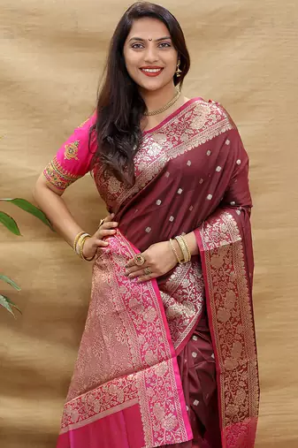 Wine banarasi silk blend saree with contrast border & rich zari weaving