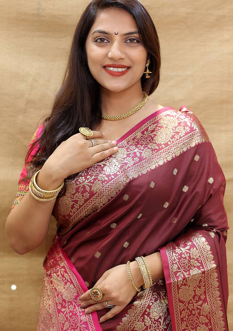 Wine banarasi silk blend saree with contrast border & rich zari weaving