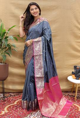 Grey banarasi silk blend saree with contrast border & rich zari weaving 1