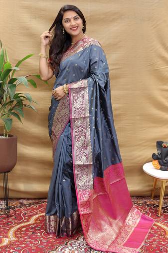Grey banarasi silk blend saree with contrast border & rich zari weaving
