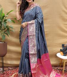 Grey banarasi silk blend saree with contrast border & rich zari weaving