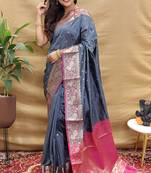 Grey banarasi silk blend saree with contrast border & rich zari weaving