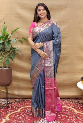 Grey banarasi silk blend saree with contrast border & rich zari weaving 2
