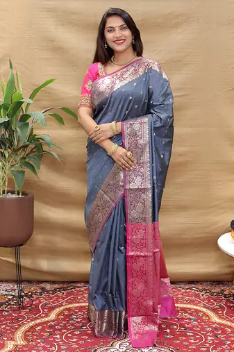 Grey banarasi silk blend saree with contrast border & rich zari weaving