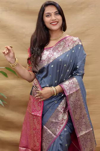 Grey banarasi silk blend saree with contrast border & rich zari weaving