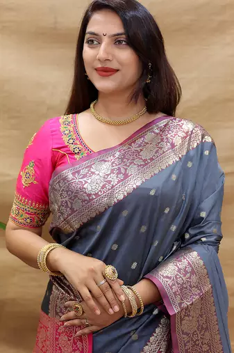 Grey banarasi silk blend saree with contrast border & rich zari weaving