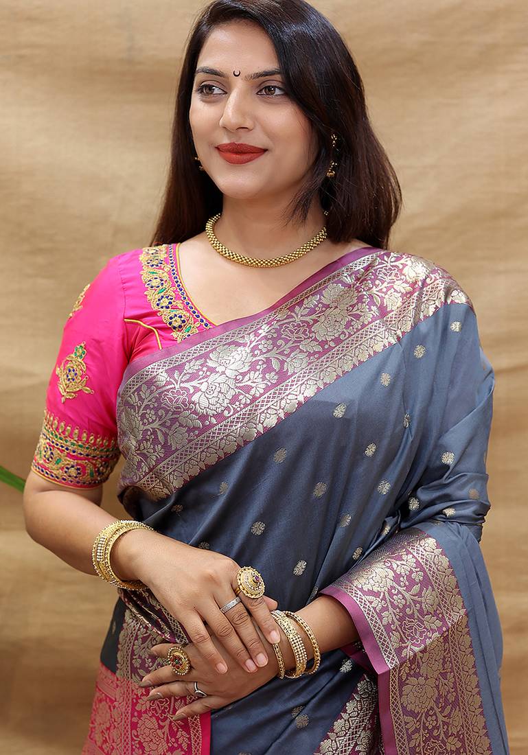 Grey banarasi silk blend saree with contrast border & rich zari weaving