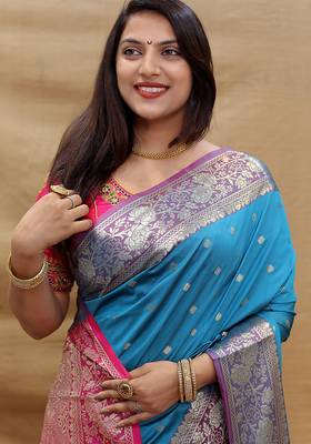 Sky blue banarasi silk blend saree with contrast border & rich zari weaving 4