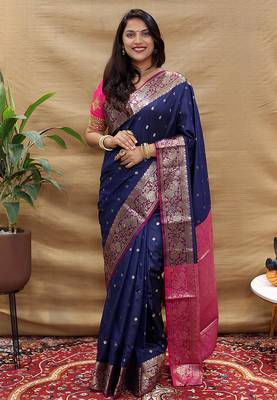 Navy blue banarasi silk blend saree with contrast border & rich zari weaving 1
