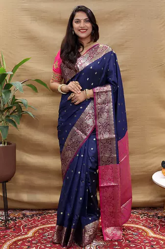 Navy blue banarasi silk blend saree with contrast border & rich zari weaving