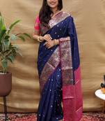 Navy blue banarasi silk blend saree with contrast border & rich zari weaving