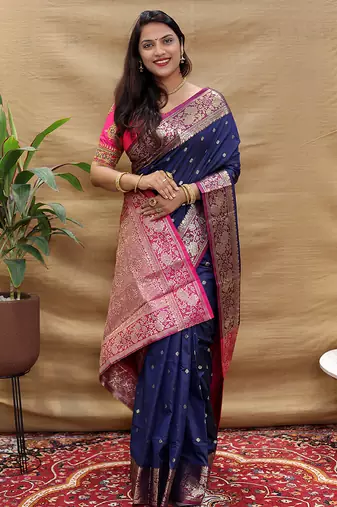 Navy blue banarasi silk blend saree with contrast border & rich zari weaving