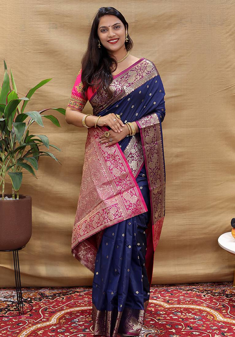 Navy blue banarasi silk blend saree with contrast border & rich zari weaving
