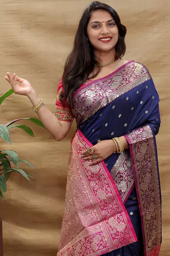 Navy blue banarasi silk blend saree with contrast border & rich zari weaving