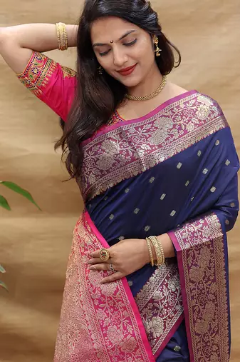 Navy blue banarasi silk blend saree with contrast border & rich zari weaving