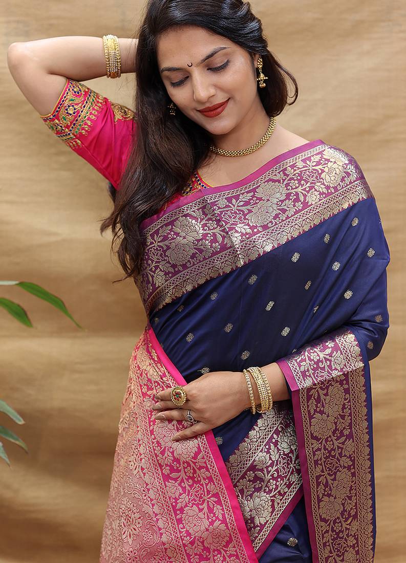Navy blue banarasi silk blend saree with contrast border & rich zari weaving