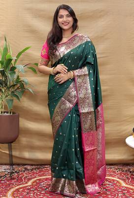 Bottle green banarasi silk blend saree with contrast border & rich zari weaving 1