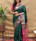 Bottle green banarasi silk blend saree with contrast border & rich zari weaving