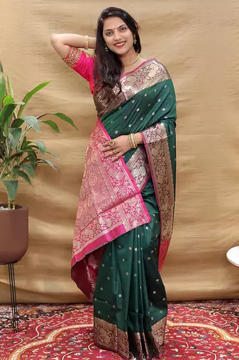 Bottle green banarasi silk blend saree with contrast border & rich zari weaving