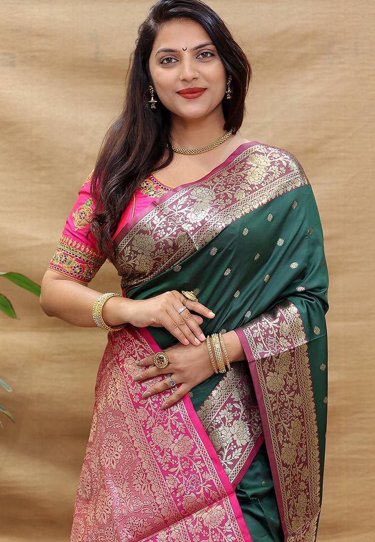 Bottle green banarasi silk blend saree with contrast border & rich zari weaving