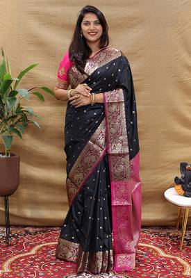 Black banarasi silk blend saree with contrast border & rich zari weaving 1