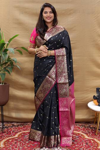 Black banarasi silk blend saree with contrast border & rich zari weaving
