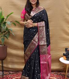 Black banarasi silk blend saree with contrast border & rich zari weaving