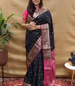 Black banarasi silk blend saree with contrast border & rich zari weaving