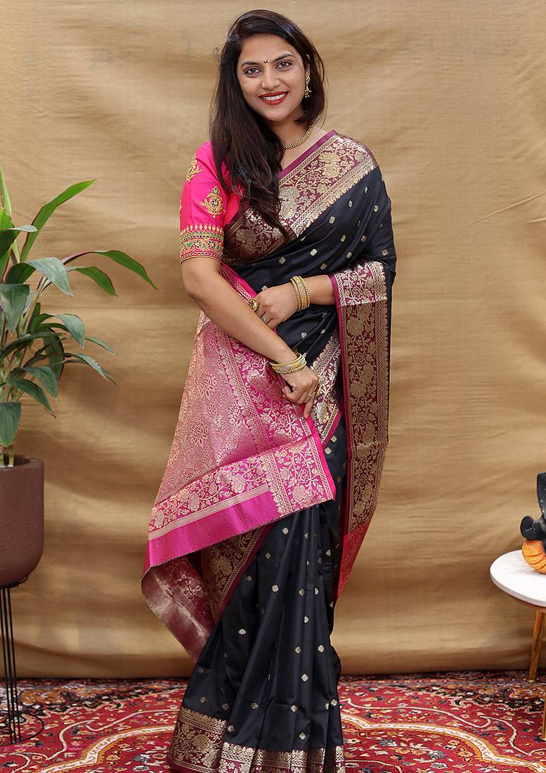 Black banarasi silk blend saree with contrast border & rich zari weaving