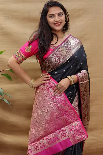 Black banarasi silk blend saree with contrast border & rich zari weaving