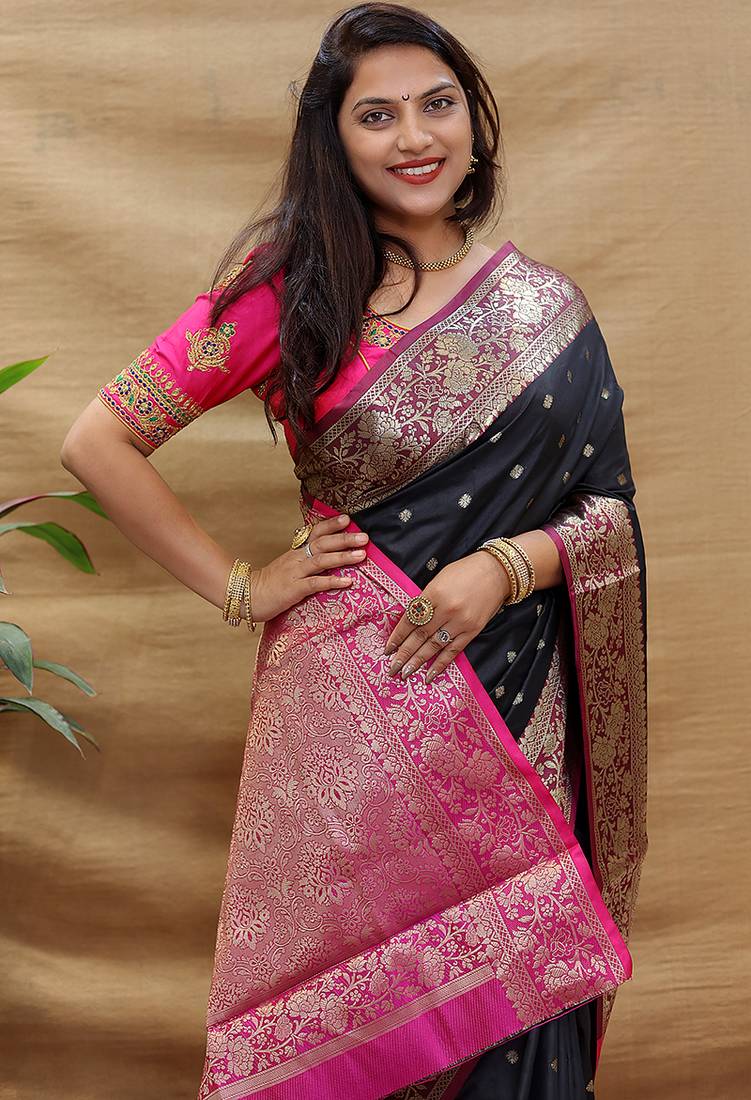 Black banarasi silk blend saree with contrast border & rich zari weaving