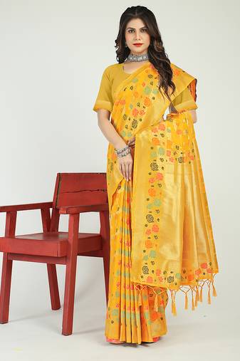 Mustard yellow banarasi silk blend saree with multicolor floral zari weaving