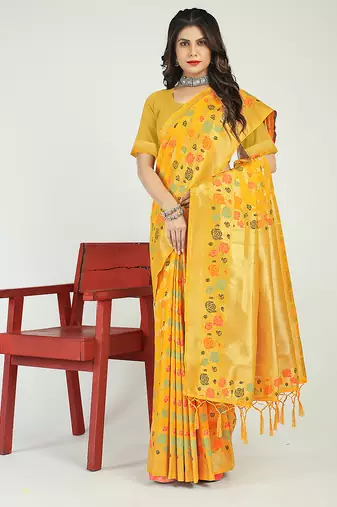 Mustard yellow banarasi silk blend saree with multicolor floral zari weaving