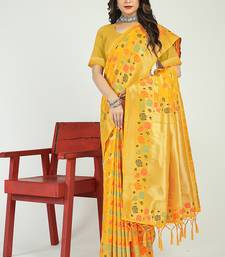 Mustard yellow banarasi silk blend saree with multicolor floral zari weaving