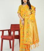Mustard yellow banarasi silk blend saree with multicolor floral zari weaving