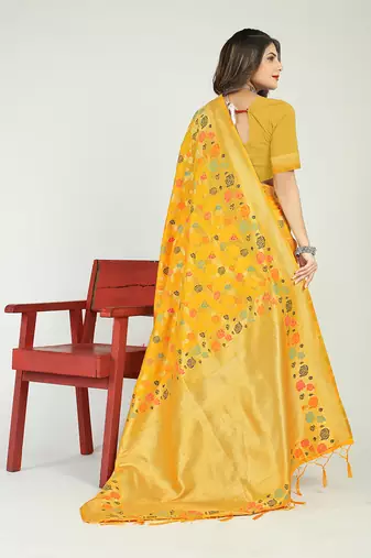 Mustard yellow banarasi silk blend saree with multicolor floral zari weaving