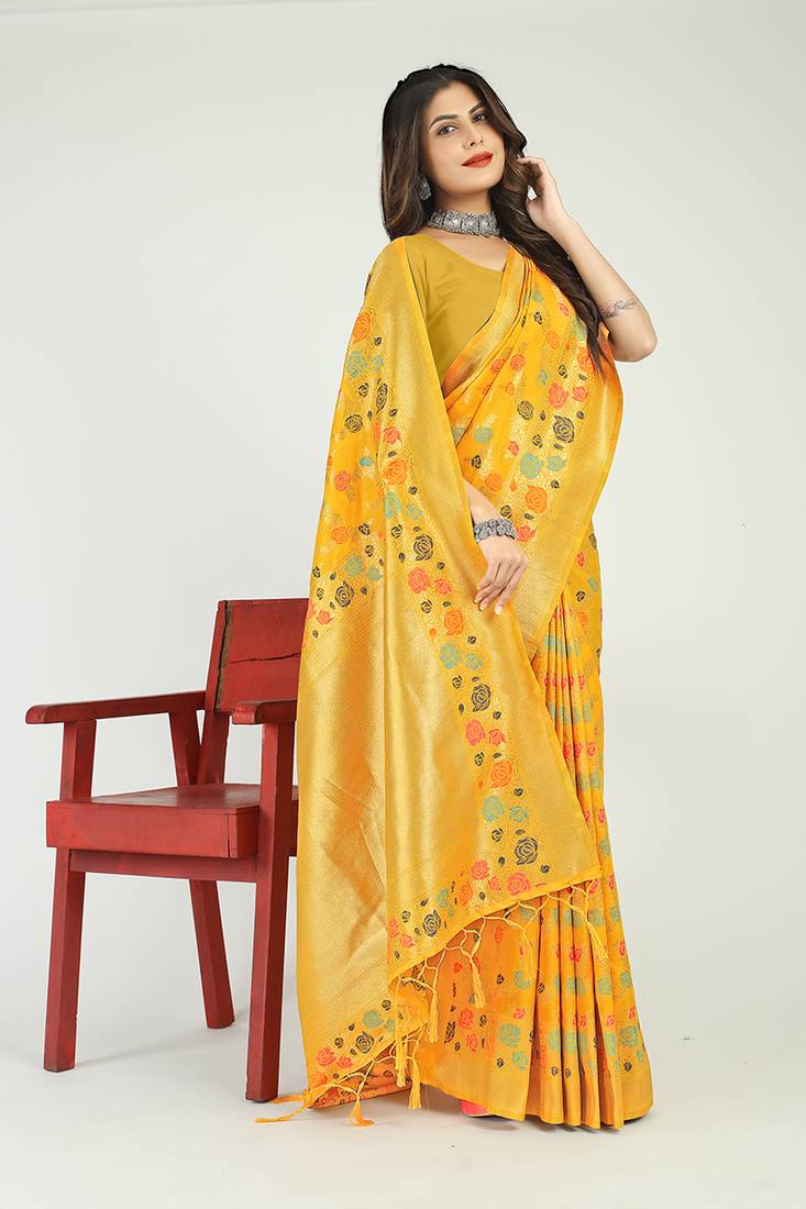 Mustard yellow banarasi silk blend saree with multicolor floral zari weaving