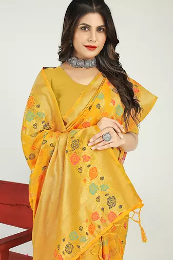 Mustard yellow banarasi silk blend saree with multicolor floral zari weaving