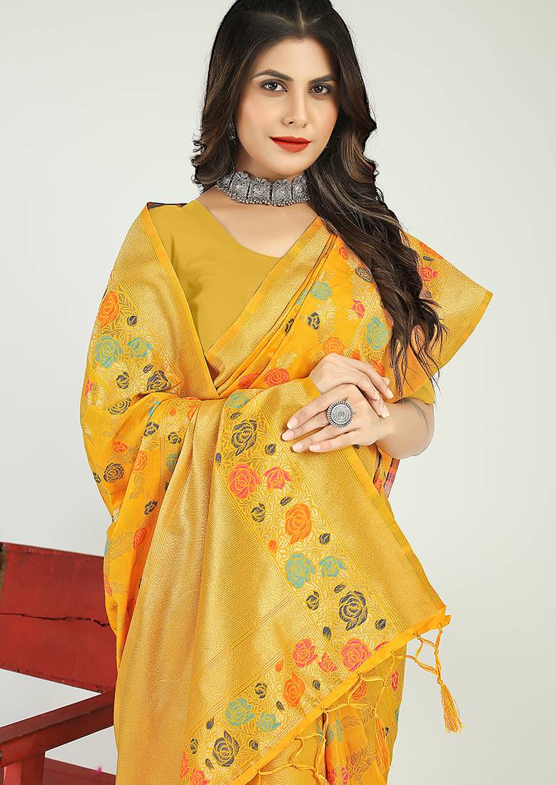 Mustard yellow banarasi silk blend saree with multicolor floral zari weaving