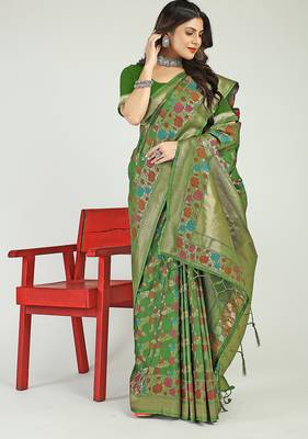 Green banarasi silk blend saree with multicolor floral zari weaving 1