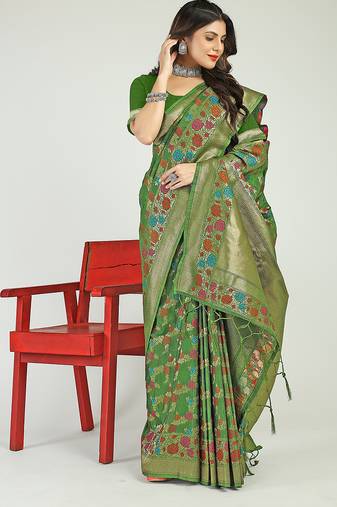 Green banarasi silk blend saree with multicolor floral zari weaving
