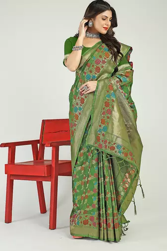 Green banarasi silk blend saree with multicolor floral zari weaving