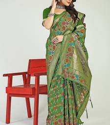 Green banarasi silk blend saree with multicolor floral zari weaving