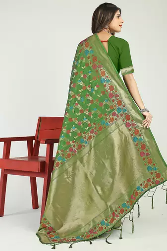 Green banarasi silk blend saree with multicolor floral zari weaving