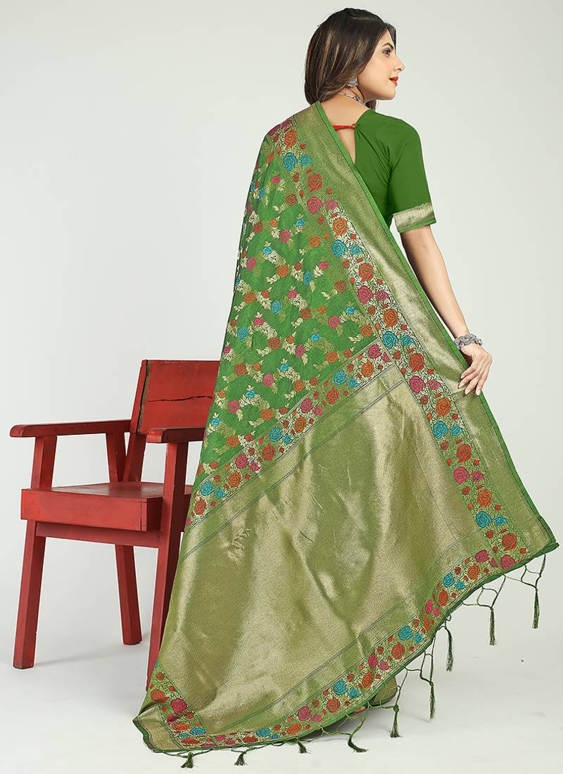 Green banarasi silk blend saree with multicolor floral zari weaving